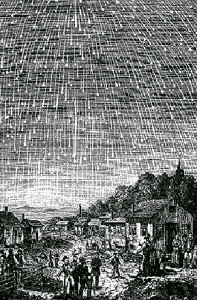 19th century woodcut showing 1833 Leonid meteor shower.