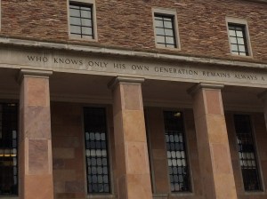 Main entrance, Norlin Library, University of Colorado at Boulder. The inscription over the door reads, "Who Knows Only His Own Generation Remains Always a Child," a paraphrase of a line from Seneca's Orator. 