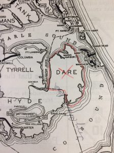 Map of the Albemarle-Pamlico peninsula, 1934. A red X marks the site of a proposed wildlife refuge on the mainland of Dare County. 