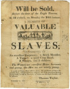 Broadside for a slave auction in Virginia, 1812. 