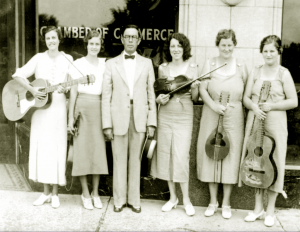 Bascom Lamar Lundsford with two Appalachian musical groups, the Lovingood sisters and the Greer sisters, ca. 1933.