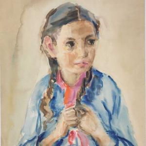 Portrait of a girl, by Gela Seksztajn, Jewish Historical Institute. A Polish-Jewish artist and painter, Seksztain taught drawing classes and mounted exhibits of her students' work while she was in the Ghetto. She painted portraits of children and other scenes that were preserved in Oyneg Shabes' secret archives. The exact date of her death is not known, but it was apparently sometime after the Warsaw Uprising.