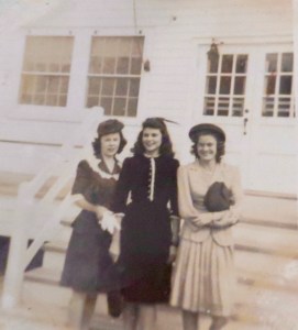 Mary Buckmaster Keitzman, center, and two friends in front of the USO building in Swansboro during WWII.