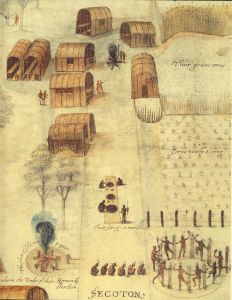 Watercolor drawing of the village of Secotan prepared by John White from observations that he made in 1585-86. Secotan was located near present day Bath, N.C. Aquascogoc was located at or near the site of modern-day Belhaven, and Dasemunkepuec was located on Roanoke Sound, in the vicinity of where Mann's Harbor is today. John White's drawing courtesy of the Trustees of the British Museum