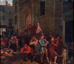 "Whipping the Herring out of Town-- A scene of Cork," by Nathaniel Grogan, ca. 1800. In this oil painting, the butcher's parade has already escorted the herring out of town and has replaced its position on the pole with a quarter of lamb. They're escorting the lamb back to the town market now that Lent is over. 