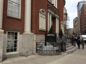 The Park Street Church, a block from the Boston Athenaeum. The great abolitionist orator and publisher William Lloyd Garrison gave his first major anti-slavery speech there in 1829, and the church was the site of the first singing of "My Country Tis of Thee" (also known as "America") in 1831.