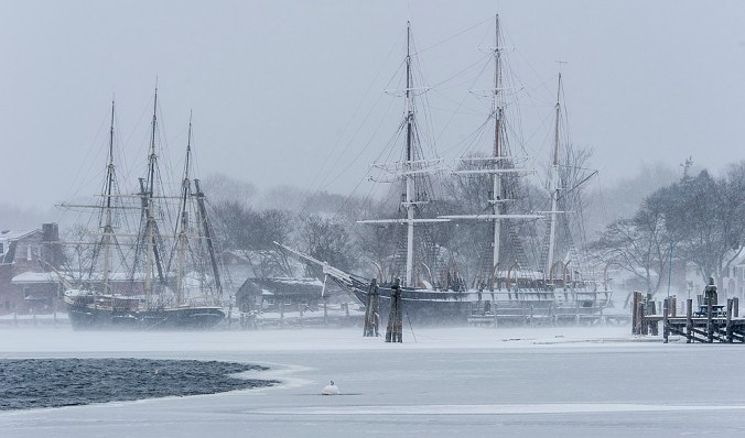 Joseph Conrad and Charles W. Morgan at Mystic Seaport, during the big Feb. 2015 freeze. Courtesy, Australian Sea Heritage online