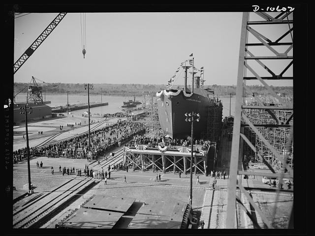 Launch of the liberty ship USS Zebulon B. Vance on Dec. 6, 1941, by the North Carolina Shipbuilding Company, Wilmington, N.C. Courtesy, Library of Congress Photographs and Prints Division