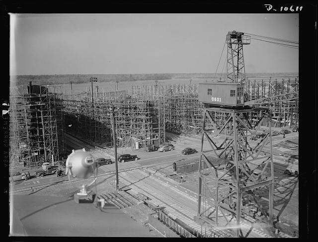 The North Carolina Shipbuilding Company's yard under construction in early 1941. The photographer's notation for this print reads: "One year ago this bustling shipyard was a river bog." Courtesy, Library of Congress Photograph and Prints Division