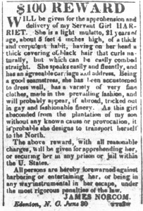 Reward notice for the return of Harriet Jacobs. American Beacon (Norfolk, Va.), 4 July 1835. Courtesy, State Archives of North Carolina