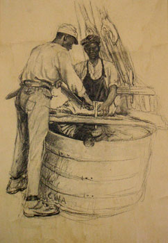 The New Bedford Whaling Museum's art collection includes a series of charcoal drawings that Clifford Ashley made aboard a whaling vessel in 1905. In this drawing, two sailors are mincing whale blubber prior to placing it in the try-pots for boiling and extracting the oil. Courtesy, Trustees of the New Bedford Free Public Library. 