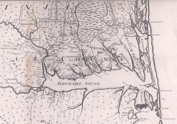 Detail of the Albemarle Sound region, 1733 Mosely map. If you follow the one road that runs from the bottom of the map to Albemarle Sound, you can trace Catherine Phillips' route back from Bath and to the ferry landing. Courtesy, North Carolina Collection, Wilson Library, UNC-Chapel Hill Library.