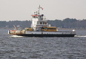 A school bus rests on the state ferry that runs between Knotts Island and Currituck, N.C. Courtesy, Gary McCullough