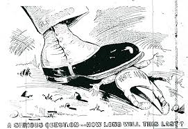During the white supremacy campaign, newspaper cartoons and stories often presented whites as being oppressed by blacks. In this cartoon, the man's pant leg is labeled "The Negro," and the small figure under his shoe is labeled "White Man."Courtesy, The News & Observer