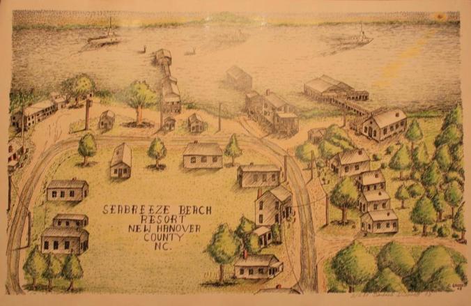 Seabreeze, by C. Grissell, drawing from 1993 of the African American beach resort as it was ca. 1920-1955. From Elaine Blackmon Henson, Carolina Beach (Arcadia Press, 2007)