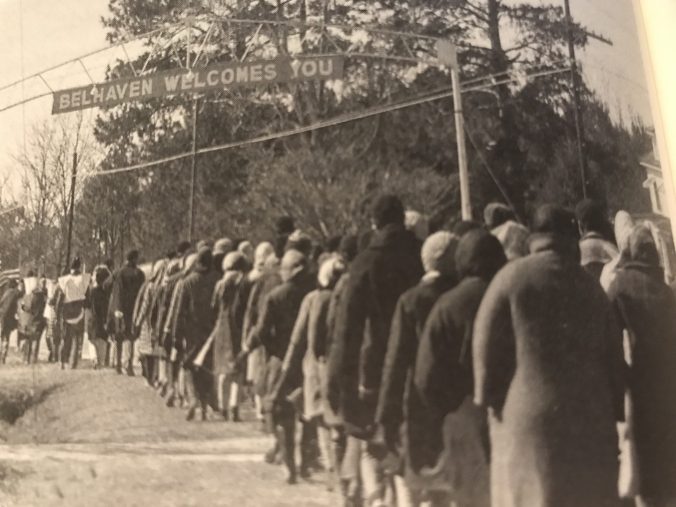Hyde County school boycotters enter Belhaven, N.C. on the March to Raleigh in February 1969. Courtesy, State Archives of North Carolina and the Raleigh News & Observer