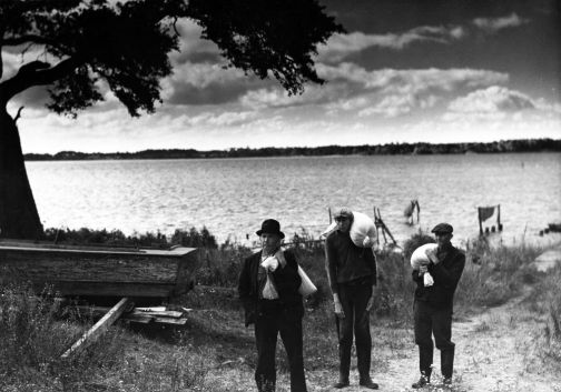 Men from Sneads Ferry (on the other side of the New River) carrying corn to Ollie Marines' grist mill in the New River village of Marines (Onslow County), N.C.Photo by Charles Farrell. Courtesy, State Archives of North Carolina