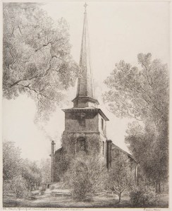 St. Paul's Episcopal Church, Edenton, N.C., etching on paper by Louis Orr, 1939-51. When Susan Johnson visited Edenton, the church did not yet have its steeple. Courtesy, N.C. Museum of Art