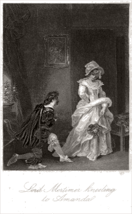 "Lord Mortimor kneeling to Amanda," frontispiece from Regina Maria Roche's The Children of the Abbey" (1796). A recent blogger called it "one of the all time great cheesy novels" and noted it was in print throughout the 19th century. 