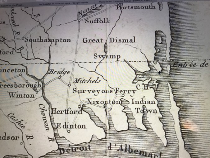 Detail of an 1807 French map showing Susan Johnson's route by stagecoach from Suffolk, Va., to Edenton, N.C. The map indicates the location of the Stage Road, the Great Dismal Swamp and Richard Mitchell's plantation. "Cartes des provinces meridionals des Etats-Unis" (Paris: Chez du Pont, 1807), William Patterson Cumming Map Collection, Davidson College