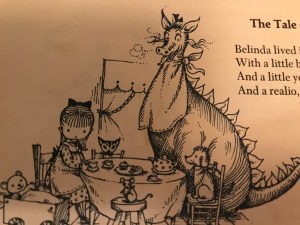 Illustration of Ogden Nash's poem, "Custard the Dragon," in Louis Undermeyer's anthology, The Golden Treasure of Poetry (1959). Drawing by Joan Walsh Anglund 