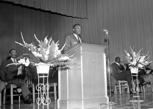 Dr. King addressed the student body at Hillside High School in Durham, N.C., on October 15, 1956. Photo by Jim Sparks. Courtesy, the Durham Herald-Sun.