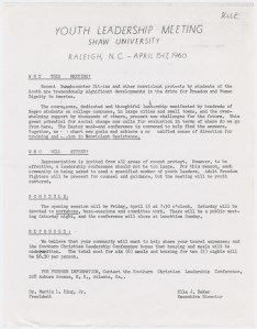 Memo from SCLC leaders Ella Baker and Martin Luther King, Jr., calling for a "Youth Leadership Meeting" at Shaw University in Raleigh, N.C., in April 1960. That meeting led to the founding of one of the country's most important civil rights organizations, the Student Non-violent Coordinating Committee. Courtesy, Schomburg Center for Research in Black Culture, Manuscripts, Archives & Rare Books Division, New York Public Library.