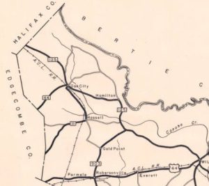 Map of Martin County, N.C. ca. 1940. You can see Parmele on the lower left near the instersection of Hwy. 64 and the Atlantic Coast Line Railroad. From the Federal Writers Project. Courtesy, State Archives of North Carolina