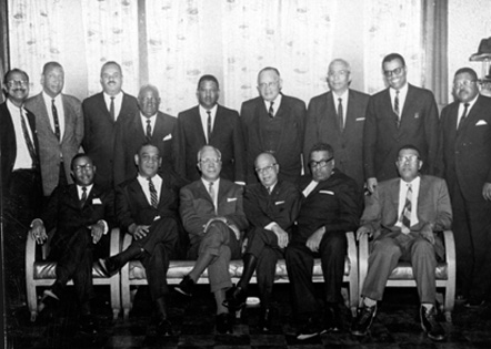Group portrait of Durham's African American lawyers, undated. H. Hugh Thompson, who represented Pamlico County's black parents in 1951, is standing in the back row, 6th from the left. Courtesy, Durham County Public Library