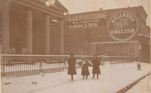 Children walking by the old county courthouse in Tarboro on a snowy day, ca. 1890-1900. "Ballard's Obelisk" was a popular brand of flour. "D. Lichtenstein & Co. Grocers" was a local grocery started in 1874 by David Lichtenstein, the son of Prussian Jewish immigrants. After the Civil War, Tarboro had a sizable Jewish community. A local newspaper referred to a 2-block stretch of downtown as "Little Jerusalem." Courtesy, Edgecombe County Memorial Library