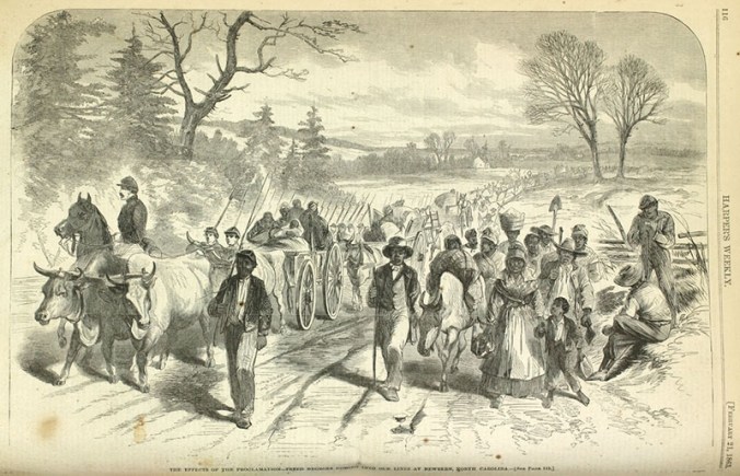 "The Effects of the Proclamation-- Freed Negroes Coming into our Lines at Newbern [sic], North Carolina," Harper's Weekly, Feb. 21, 1863. Courtesy, Library Company of Philadelphia
