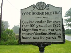 State historical marker commemorating the Core Sound Monthly Meeting, Carteret County, N.C. The plaque is at the site of the old Quaker meetinghouse, which is now the site of the Tuttle Groves United Methodist Church. The Core Sound Meeting Burial Ground, also called the Old Quaker Cemetery, is behind the church. Courtesy, Find A Grave contributor MGreen2