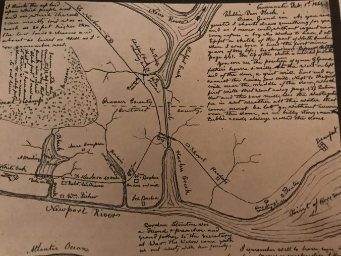 Map by John Shoebridge Williams. From Milton Franklin Williams, The Williams History: Tracing the Descendants in America of Robert Williams, of Ruthin, North Wales, who Settled in Carteret County, North Carolina, in 1763 (Cincinnati, Ohio, 1921).