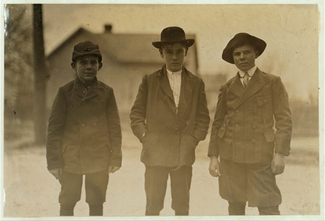 This photograph shows 3 boys that worked at the Dickson Mill in Laurinburg, in Scotland County. Charlie Gregory, the boy in the middle, had already worked in the mill for 8 years. Photo courtesy, Library of Congress, Photographs and Prints Division