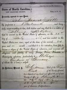 Statement o intent to become a U.S. citizen, John Frederick Soll, a blacksmith in Wilmington, N.C., 1874. He emigrated from Germany in 1866. Courtesy, North Carolina Digital Library