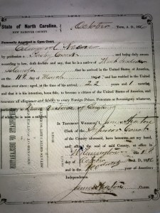 Statement of Intent for U.S. citizenship for Edward Keen, Wilmington, N.C., 1876. He was a pastry cook from the West Indies. As the state's only major seaport, Wilmington was by far the largest center of immigration in eastern N.C. between 1840 and 1910. The largest number of the city's immigrants were probably German, but other immigrants came to Wilmington from Russia, Great Britain, Denmark, Turkey, Norway, Syria, Sweden, Germany, Switzerland, Italy, France, Portugal, Poland and Austria. Courtesy, North Carolina Digital Collections