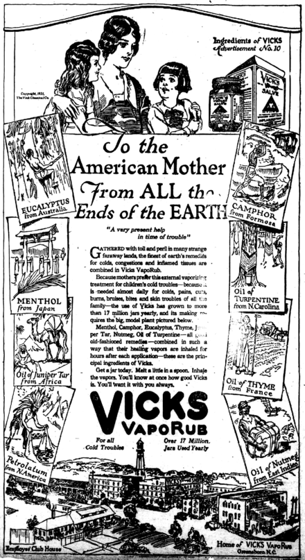 Vicks VapoRub was one of countless salves, lotions, ointments and other medicinals that had turpentine as an important ingredient. Apparently invented by a pharmacist in Selma, N.C., and originally called Richardson's Croup and Pneumonia Cure Salve, Richardson-Vicks first manufactured Vicks VapoRub in Greensboro, N.C. in 1905. From Watauga Democrat. (Boone, N.C.), Feb. 9, 1922. Courtesy, Chronicling America: Historic American Newspapers, Lib. of Congress.