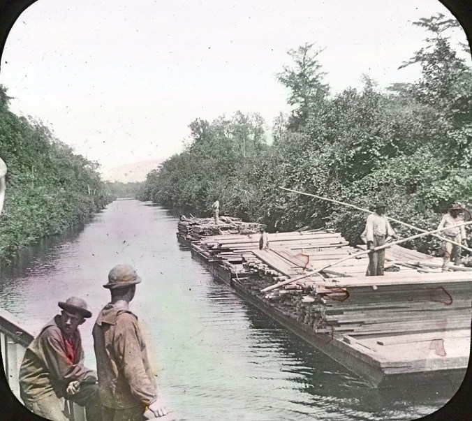 The lighthouse tender <em>Violet</em> passes a pair of lumber barges on the Albemarle &amp; Chesapeake Canal, 1901. Image by Albert Ross, USN. Courtesy, Linda Garey