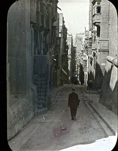 Rear Admiral Ross's images of the A&C Canal are only a small part of an extraordinary collection of more than 2,000 glass lantern slides. Ranging over many different parts of the world, they are remarkable historical documents. He also had a wonderful eye and I find many of them artful and almost all of them beautiful. This is a street scene in Malta. Image by Albert Ross, USN. Courtesy, Linda Garey