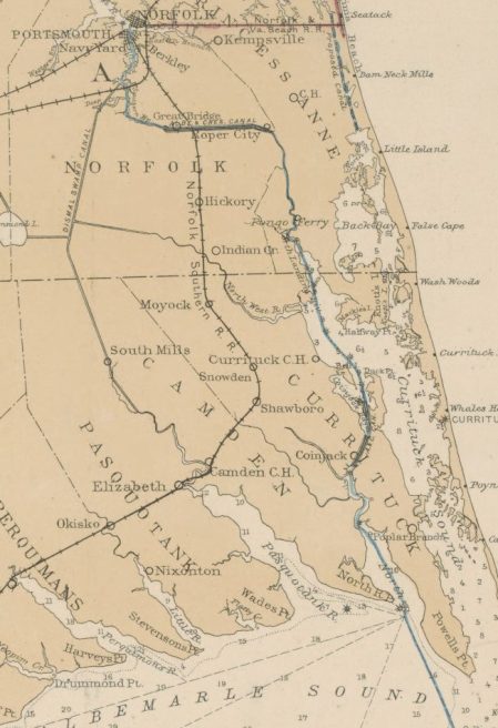 "Map of the Albemarle & Chesapeake Canal" (Lindenkohl & Lindenkohl, 1885). Courtesy North Carolina Collection, UNC Library, Chapel Hill, N.C.