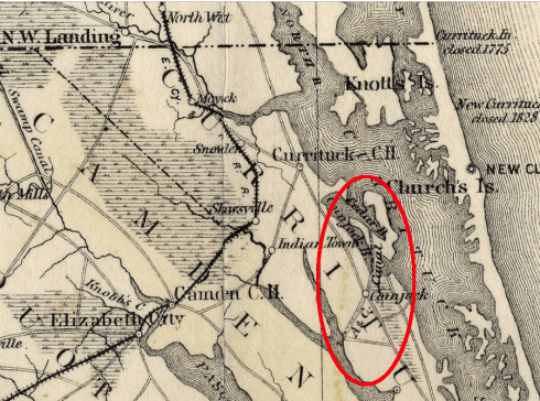 Red oval marks the village of Coinjock and the A&C Canal's North Carolina Cut. Detail from Kerr and Cain, "Map of North Carolina" (1882). Highlighting from virginiaplaces.org. Original map courtesy, State Archives of North Carolina