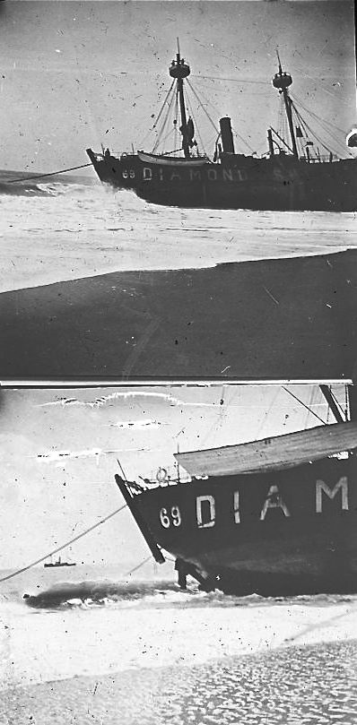 The lightship Diamond Shoals 69 aground on Hatteras Island, 1899. Photo by Albert Ross, USN. Courtesy, Linda Garey