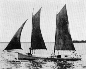 A sharpie, probably similar to the Maud, under sail. From Howard Chapelle, <em>American Small Sailing Craft</em> (1951). I don’t know for sure, but the Maud may be the damaged vessel Maud that the lifesaving crew at the Pea Island Life-Saving Station found abandoned in the surf on May 3, 1896. Station records indicate that the station's surfmen turned the Maud over to the wreck commissioner, who sold her two weeks later, but do not list the buyer.