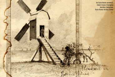 A post windmill on Hatteras Island during the Civil War. Kinnakeet, on Hatteras Island, was the site of a windmill as early as 1723, one of the earliest windmills on the N.C. coast. From the Edward Graves Champney Sketches Collection, Outer Banks History Center