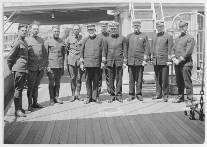 Rear Admiral Albert Ross (5th from left) was still serving in the U.S. Navy two decades after his visit to the North Carolina coast. Here he is standing with officers of the USS Intrepid at the Mare Island Navy Yard in California in 1919. Courtesy, U.S. Naval History and Heritage Command