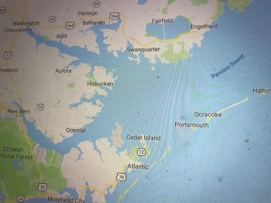 Map showing the major places mentioned in Irla Bonner Litchfield Ticknow's account of the 1899 hurricane, as well as her hometown of Aurora and other communities along the Pamlico River. Courtesy, Google Maps