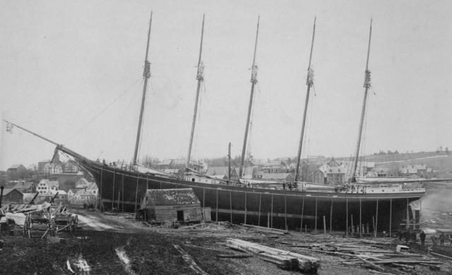 Built in Waldoboro, Maine, in 1888, the 5-masted schooner Gov. Ames wrecked in the waters off Cape Hatteras, N.C., in 1909. Courtesy, Marine Maritime Museum