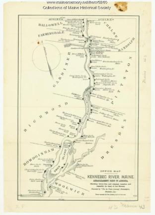 Map of ice houses on the Kennebec River, Maine, in 1891. From the Maine Historical Society