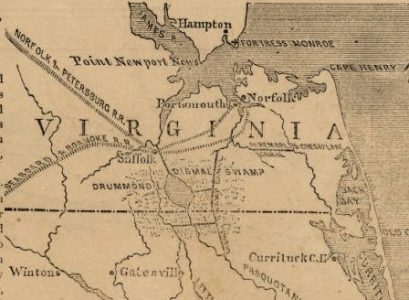 Detail of map showing Atlantic coast from Fortress Monroe, Va., to Ft. Macon, N.C. From Frank Leslie's Pictorial History of the War of 1861 (1862). Courtesy, Outer Banks History Center