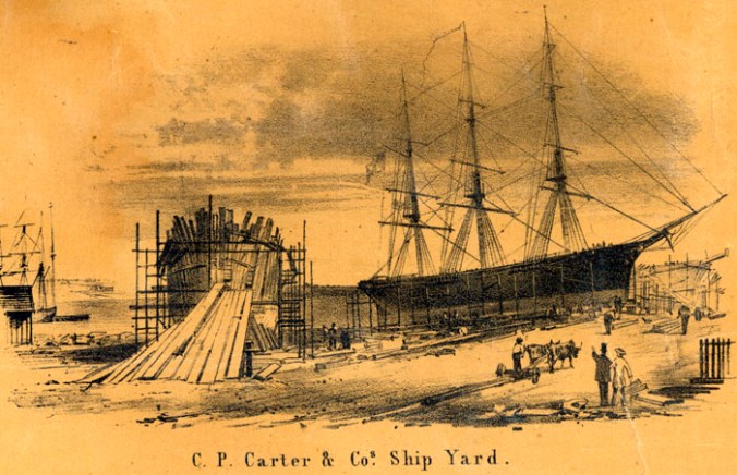 Drawing of the C. P. Carter & Co. Shipyard, Belfast, Maine by E. M. Woodford (1855). Courtesy, Penobscot Marine Museum
